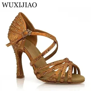 Bronze satin diamond Latin dance shoes, high heels, professional soft soled dance shoes, summer sandals, square dance shoes