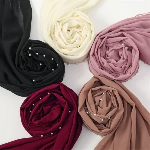 Muslim Chiffon Hijab Scarf Pearl Edge Solid Color Squane Head Wrap For Women Hijabs Scarves Jersey Hijabs Islamic Turban Headban